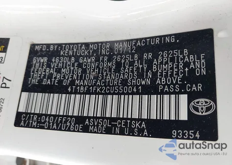 2012 Toyota Camry Se из США, поврежденный, VIN 4T1BF1FK2CU550041